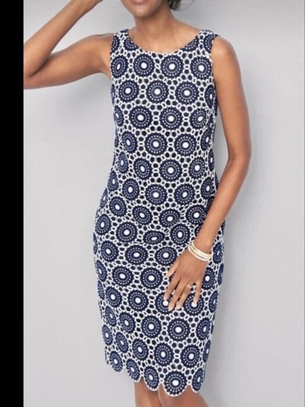 Talbots Crochet Shift Dress Navy White Scalloped Hem Sleeveless Feminine Chic 6P
